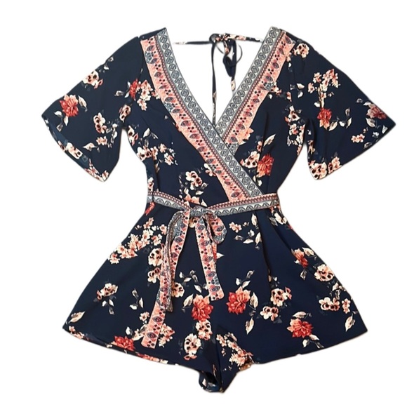 miami Pants - Floral Wrap Romper with Belt and Halter Tie